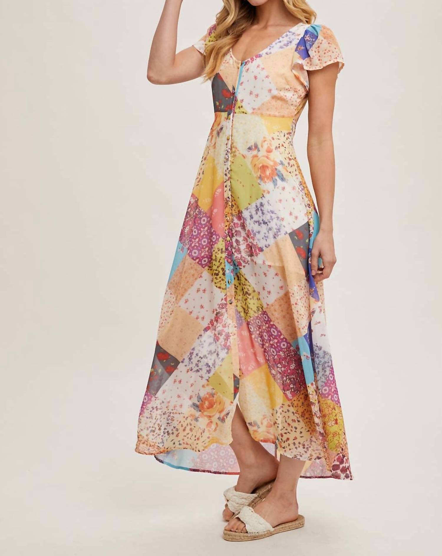 Bluivy - Pastel Quilt Printed Button Down Maxi Dress