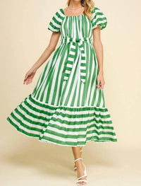PINCH Striped Midi Puff Sleeve Dress in green - women's dress