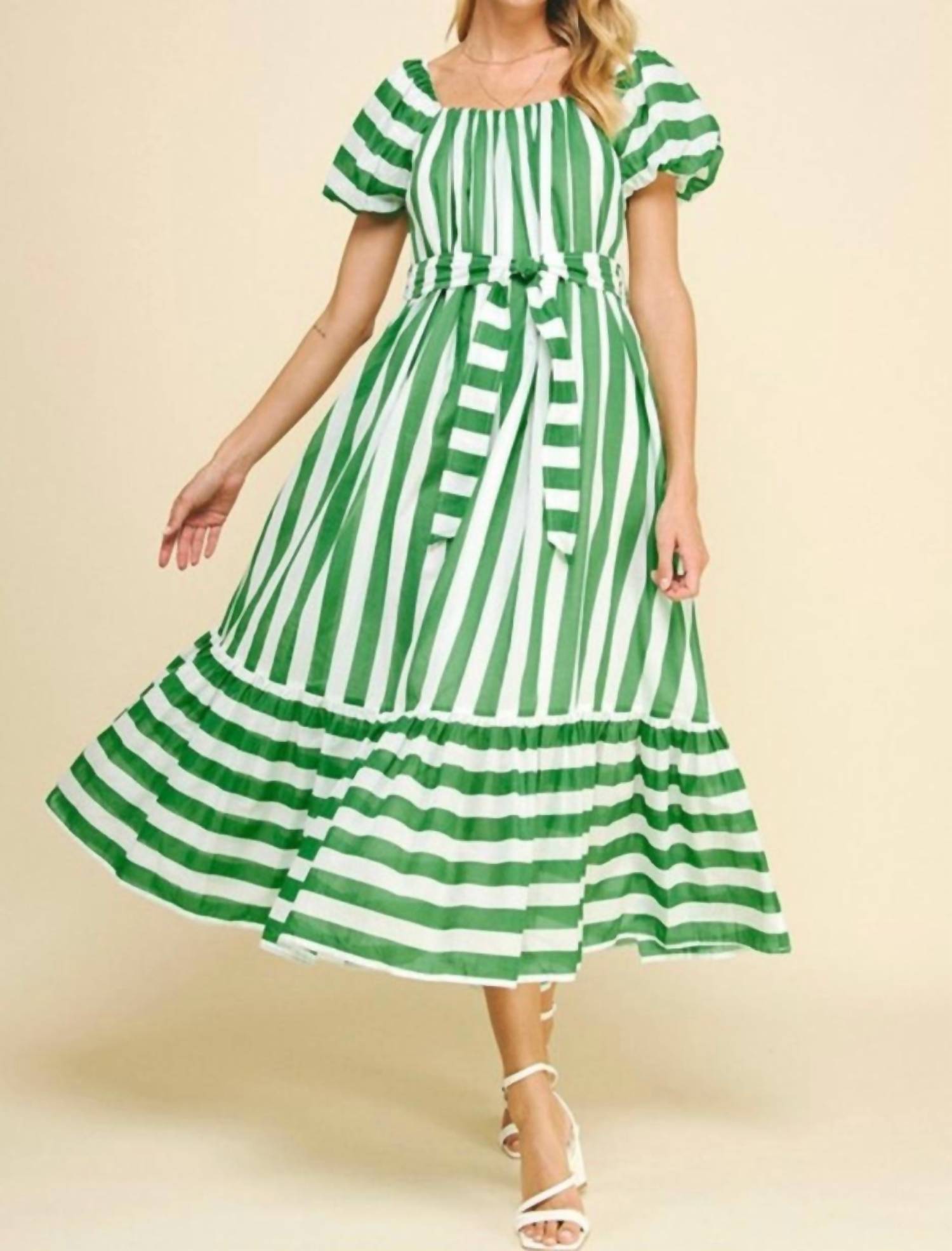 PINCH Striped Midi Puff Sleeve Dress in green - women's dress