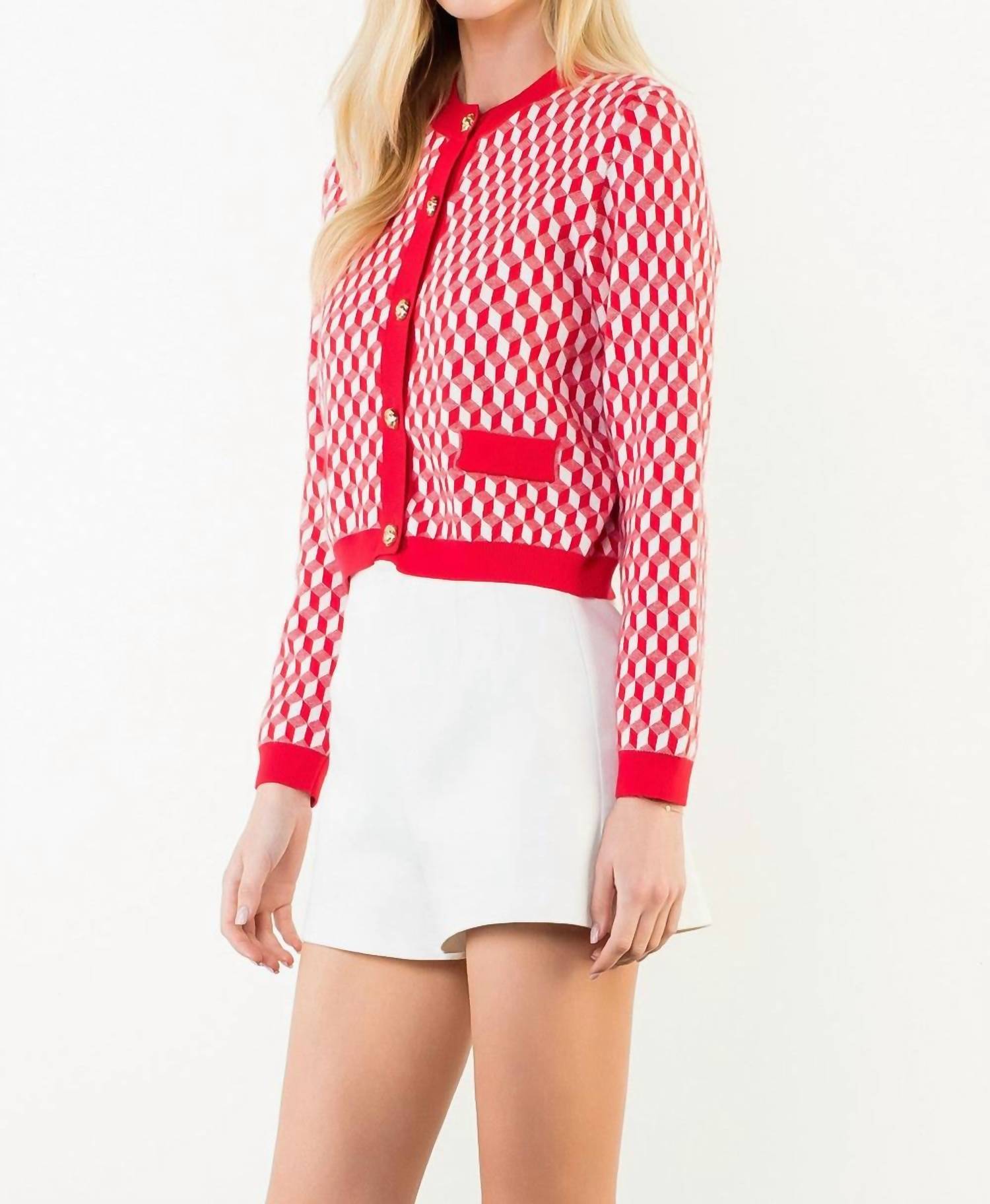 THML Long Sleeve Geometric Print Cardigan in red - women's cardigan - detail view