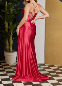 Nox Anabel - Cowl-neck Corset Pleated Satin Long Prom Dress