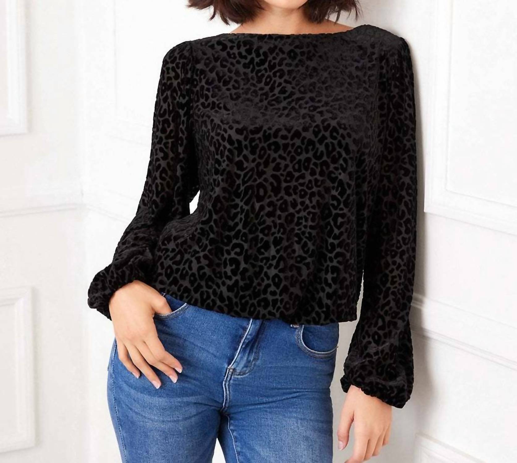 Karen Kane Blouson Sleeve Velvet Burnout Boatneck Top in leopard - women's blouse - view 7