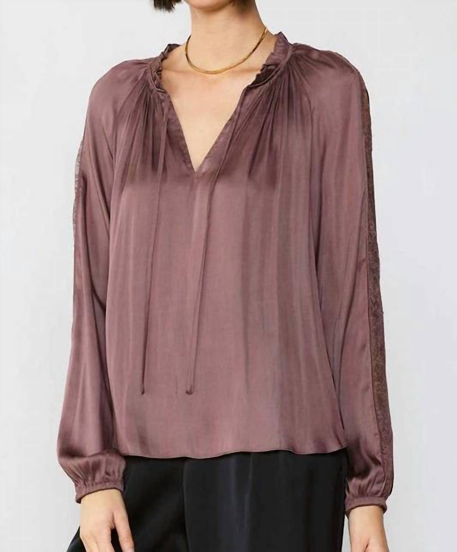 current air Lace Contrast Sleeve Ruffle Detail Blouse in purple - women's blouse