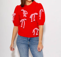 English Factory Braided Ribbon Bow Knit Top in red - women's t-shirt - detail view