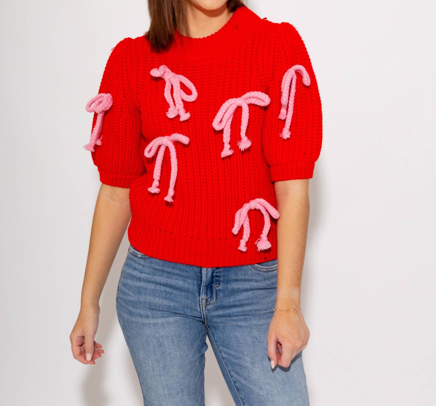 English Factory Braided Ribbon Bow Knit Top in red - women's t-shirt - detail view