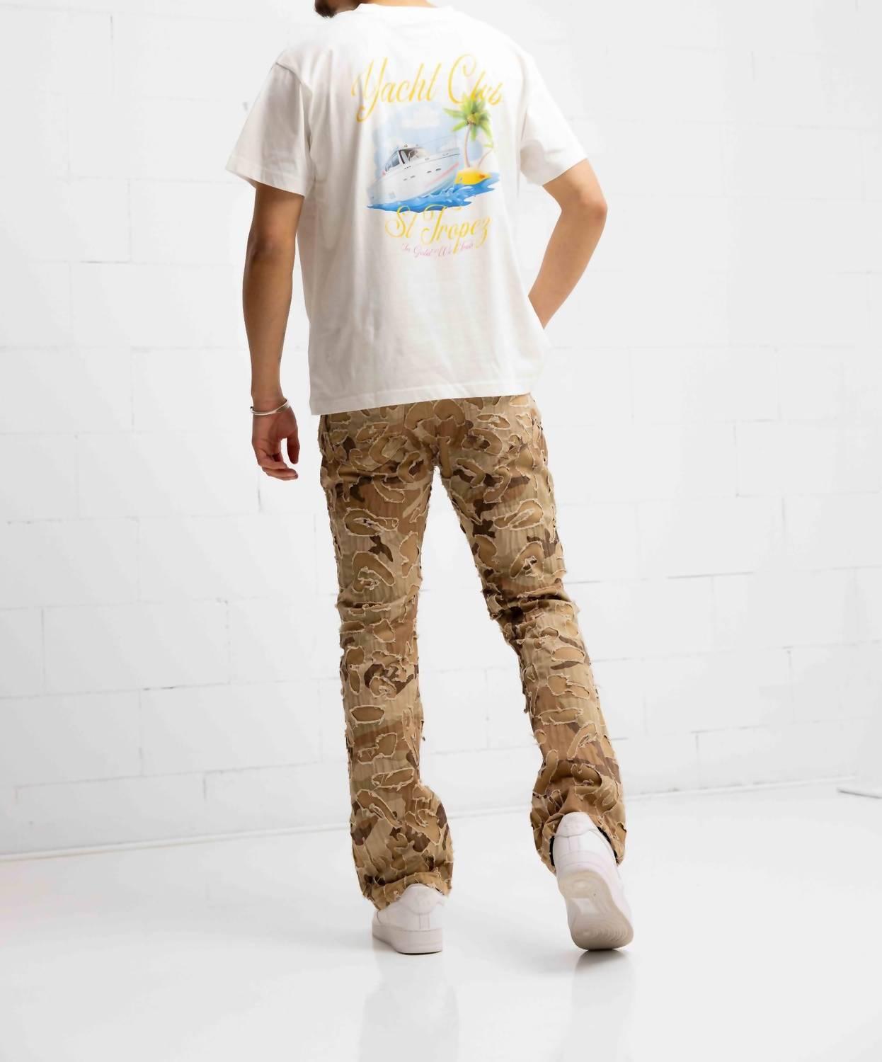 Amicci Franco Camo Shredded Denim Flare Jeans in sand - men's jeans - alternate view