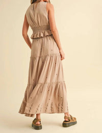 Miou Muse - Embroidery Detail Smock Waist Top And Tiered Maxi Set