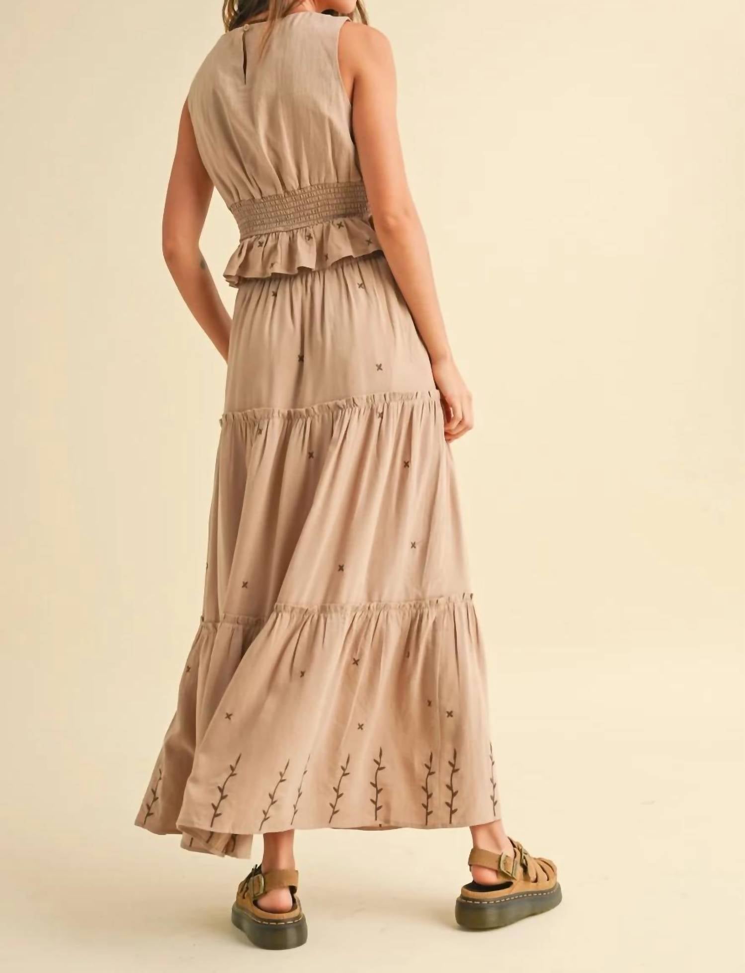 Miou Muse - Embroidery Detail Smock Waist Top And Tiered Maxi Set