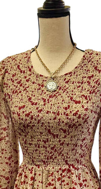 VERY J Women's Long Sleeve Floral Mini Dress in champagne red - women's dress - detail view