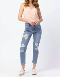 Judy Blue Distressed Boyfriend Fit Jeans in medium blue - women's jeans - alternate view
