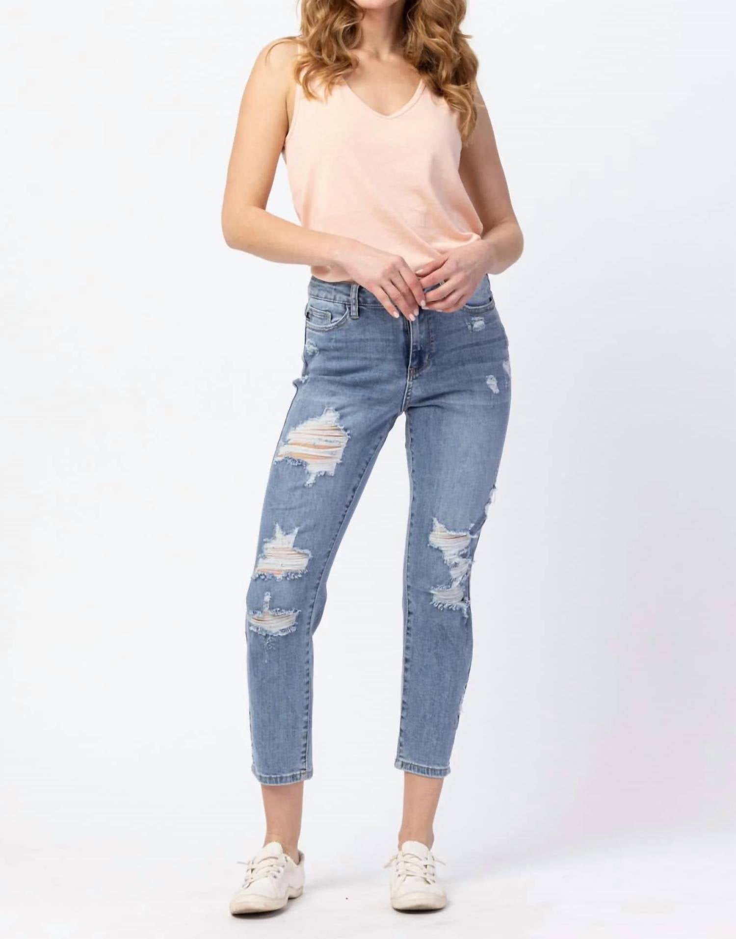 Judy Blue Distressed Boyfriend Fit Jeans in medium blue - women's jeans - alternate view