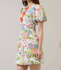 SUGARLIPS Esther Floral Rosette Bubble Sleeve Mini Dress in cream multi - women's dress - view 4