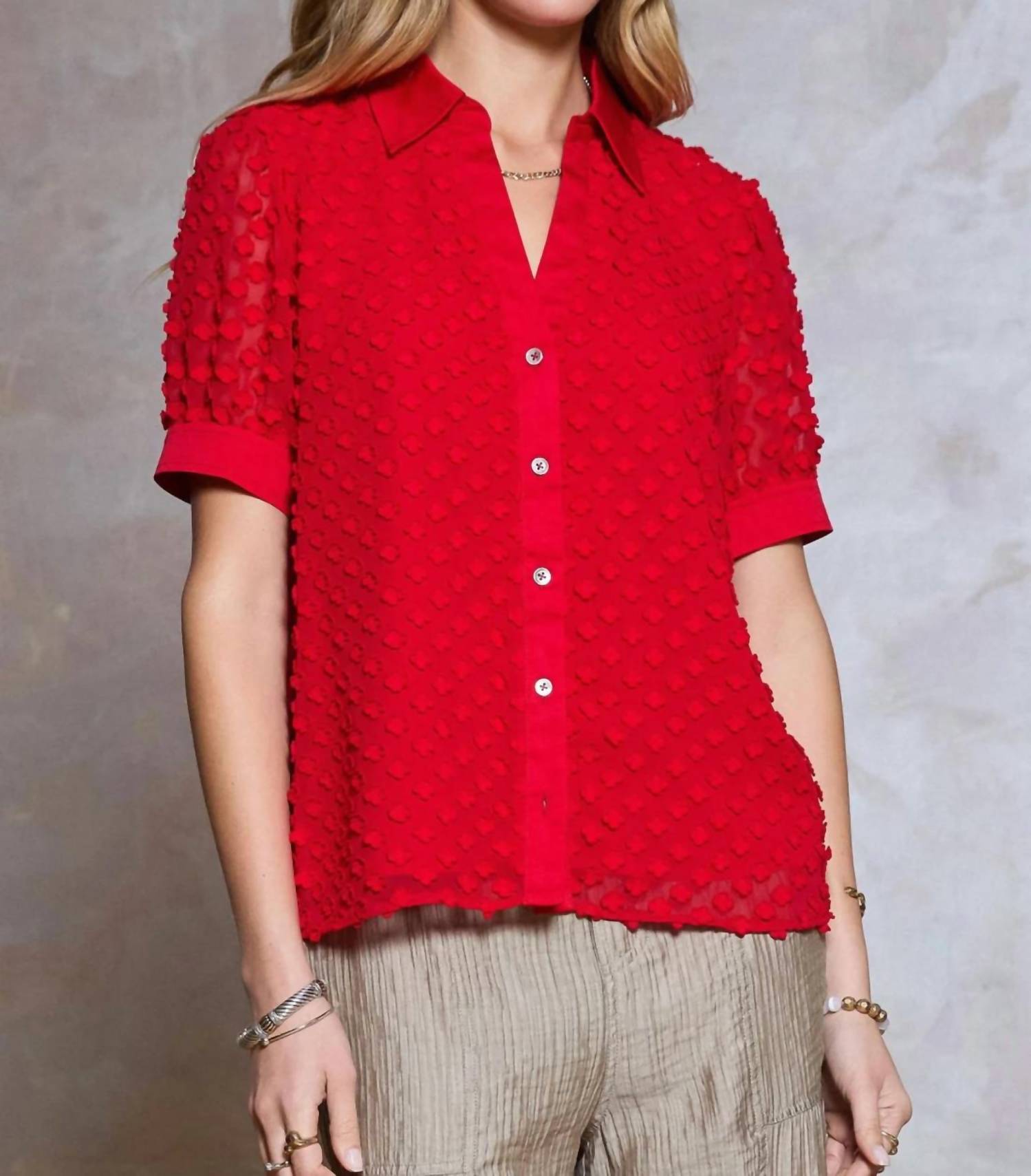 Current Air - Short Sleeve Split Collar Button Down Top