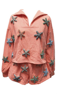 QUEEN OF SPARKLES Beaded Starfish Collar Top And Shorts Set in coral - women's sleepwear - view 7