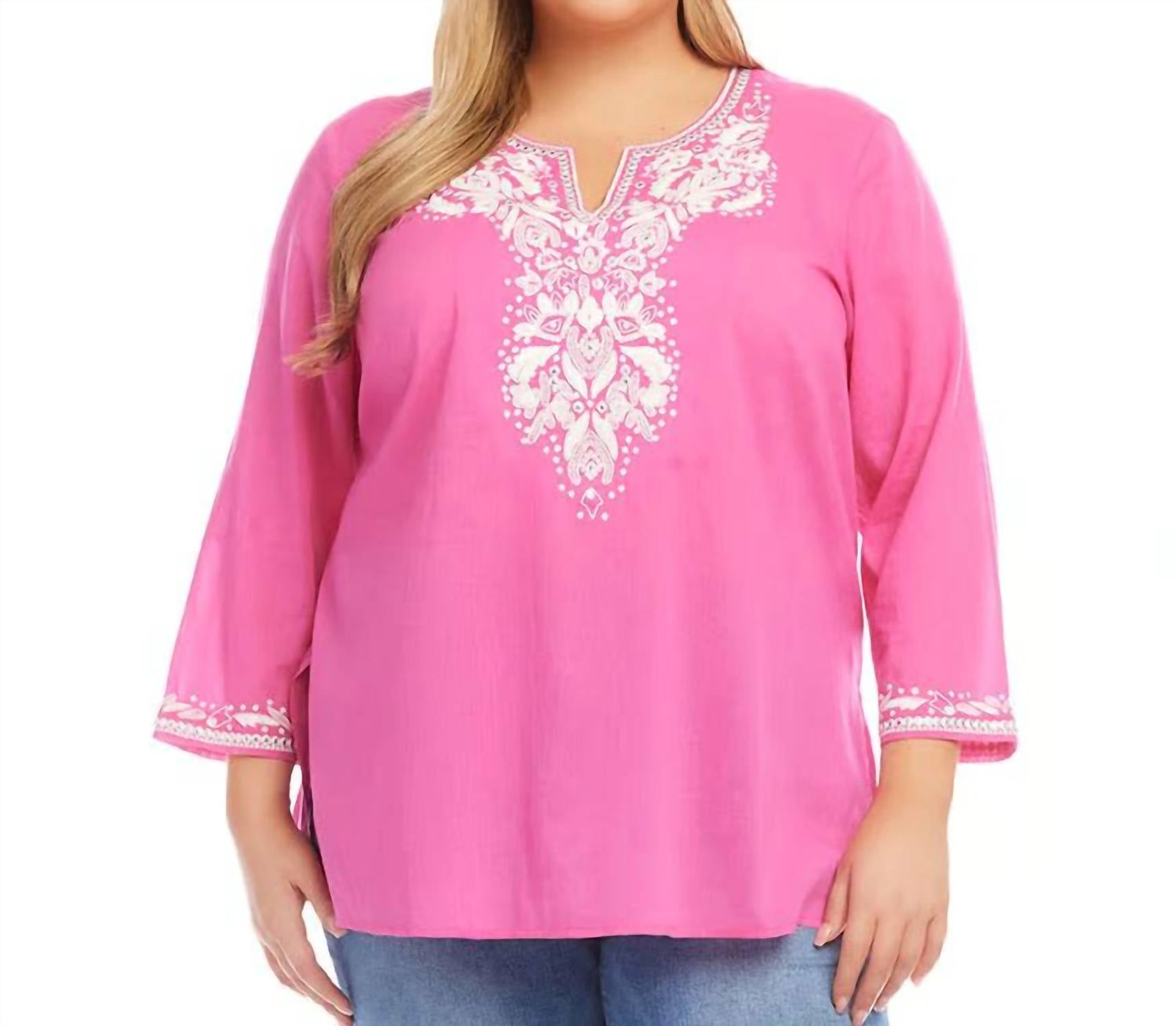 Karen Kane Curvy Embroidered Tunic - Plus in pink - women's shirt