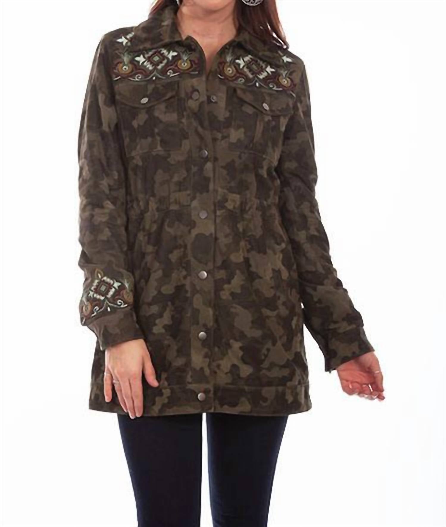 Scully Camouflage Suede And Embroidered Beaded Jacket in olive - women's jacket