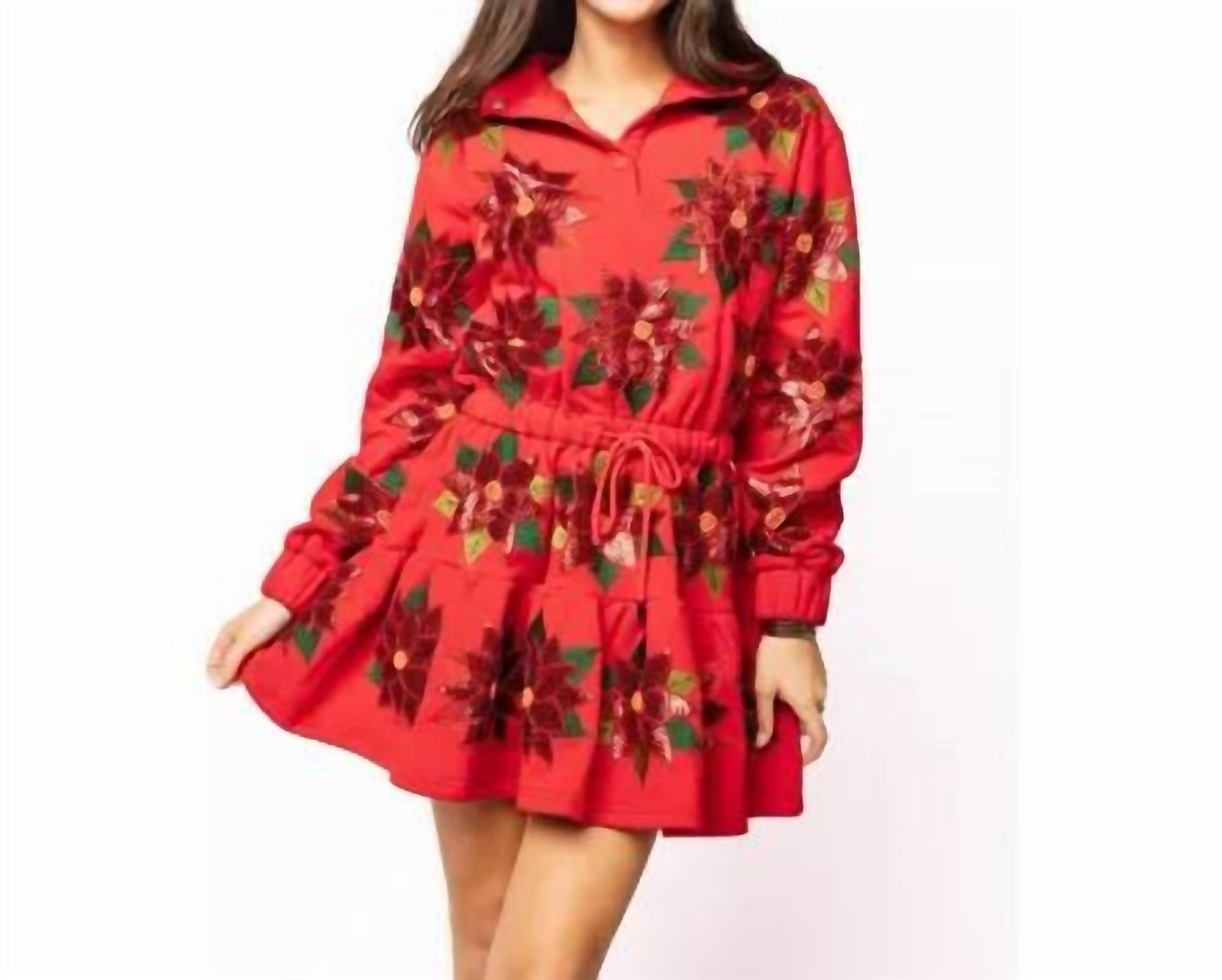 Queen Of Sparkles - Poinsettia Button Up Mock Neck Tie Sweatshirt Dress