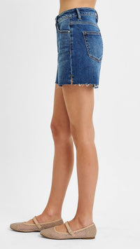 RISEN High Rise Raw Cut Side Slit Shorts in blue - women's shorts - alternate view