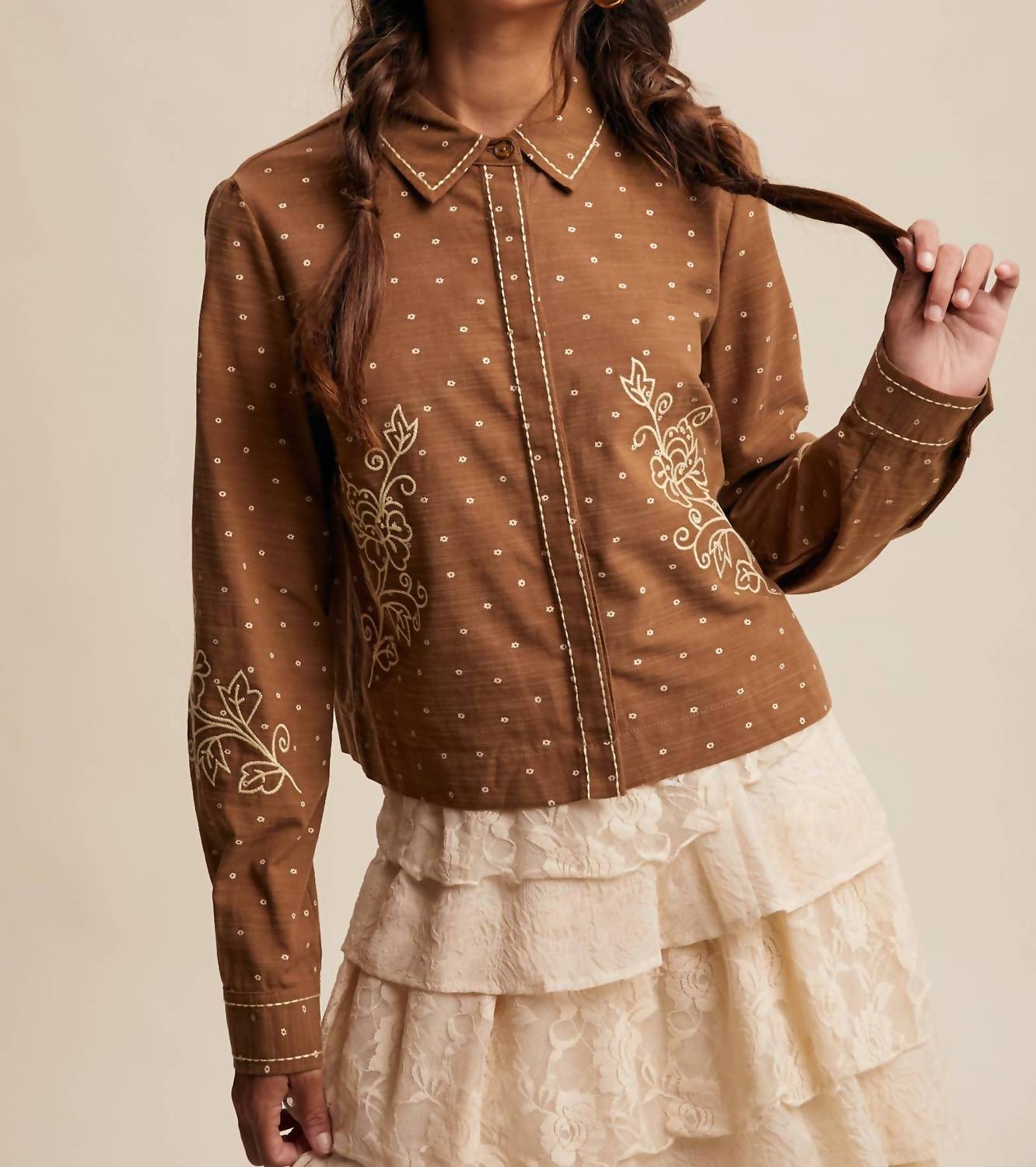 Listicle Caspia Embroidered Western Shirt in brown - women's blouse