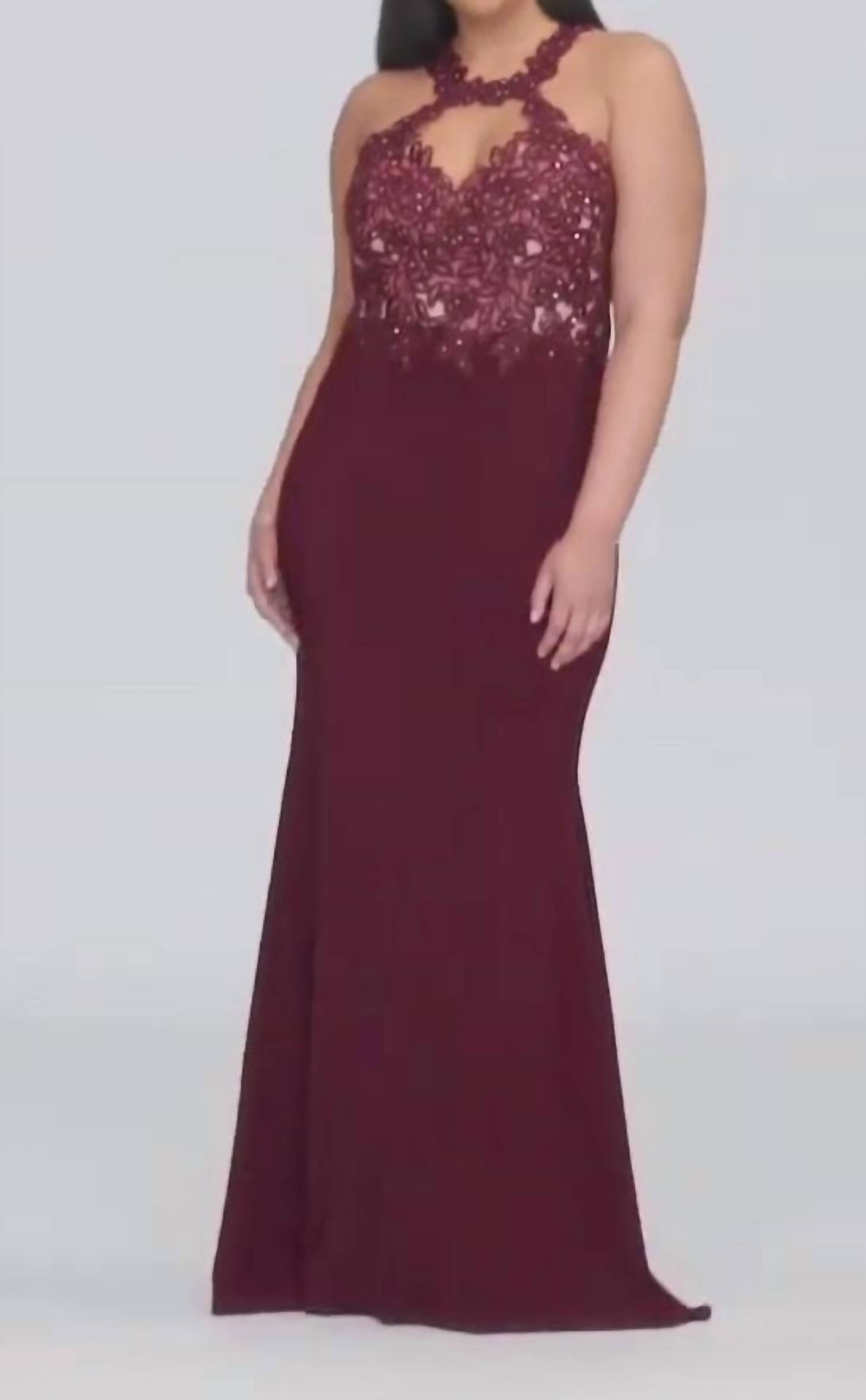 FAVIANA Lace Halter Jersey Gown in bordeaux - women's dress