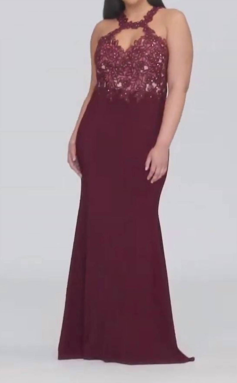 FAVIANA Lace Halter Jersey Gown in bordeaux - women's dress
