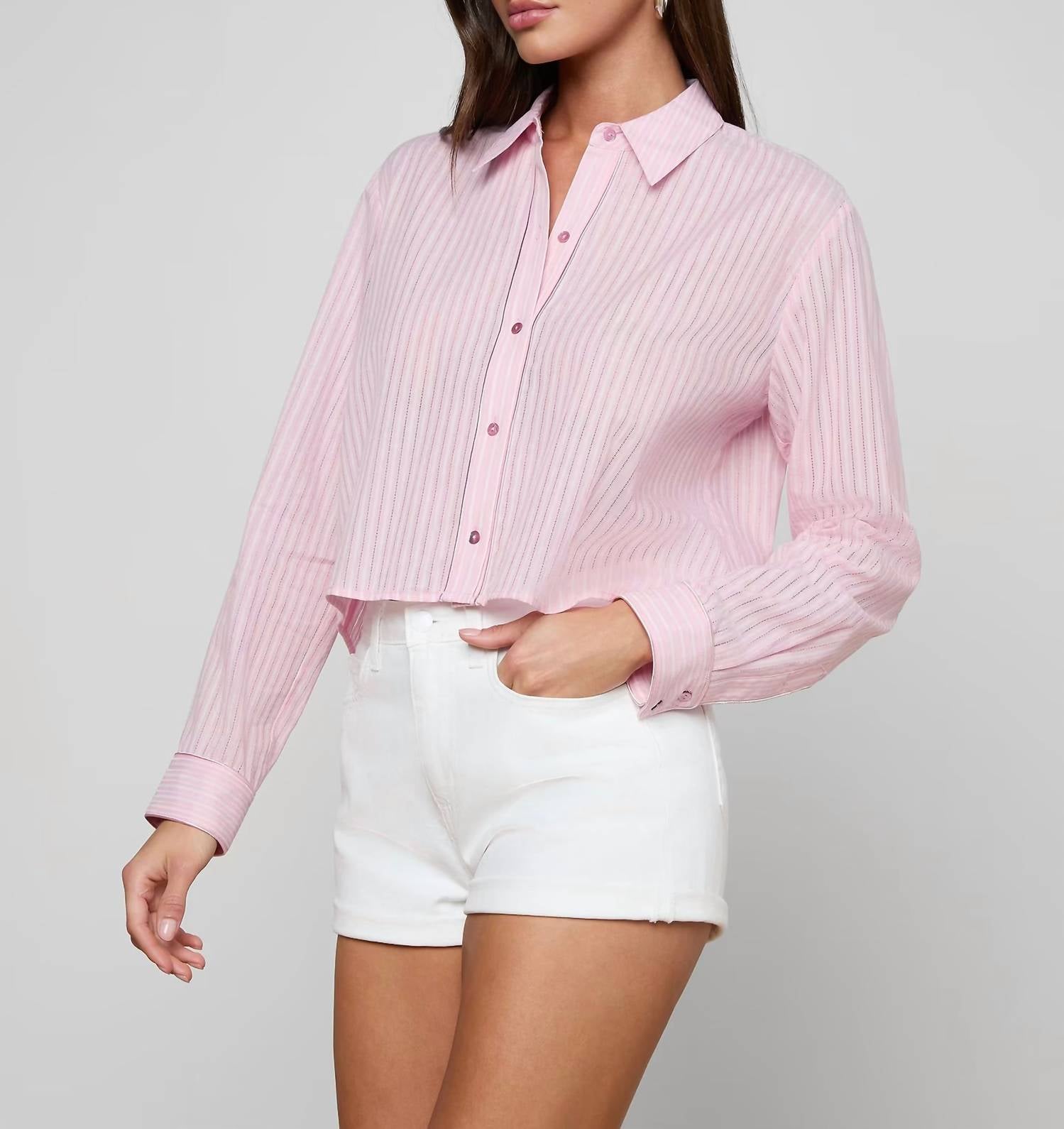 L'Agence Stripe Cosette Crop Shirt in pink - women's shirt - view 4