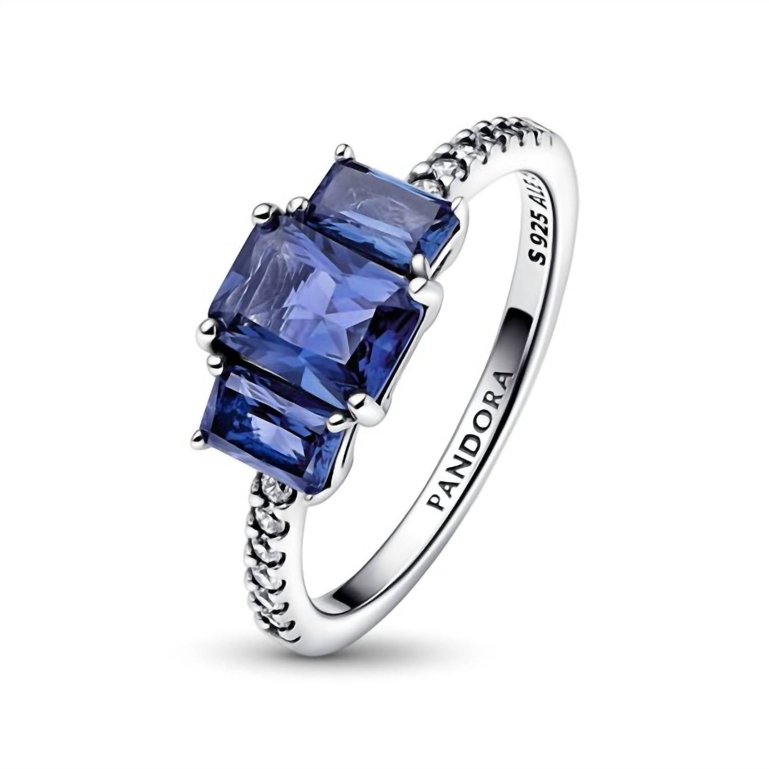 Pandora - Blue Rectangular Three Stone Sparkling Ring size 9
