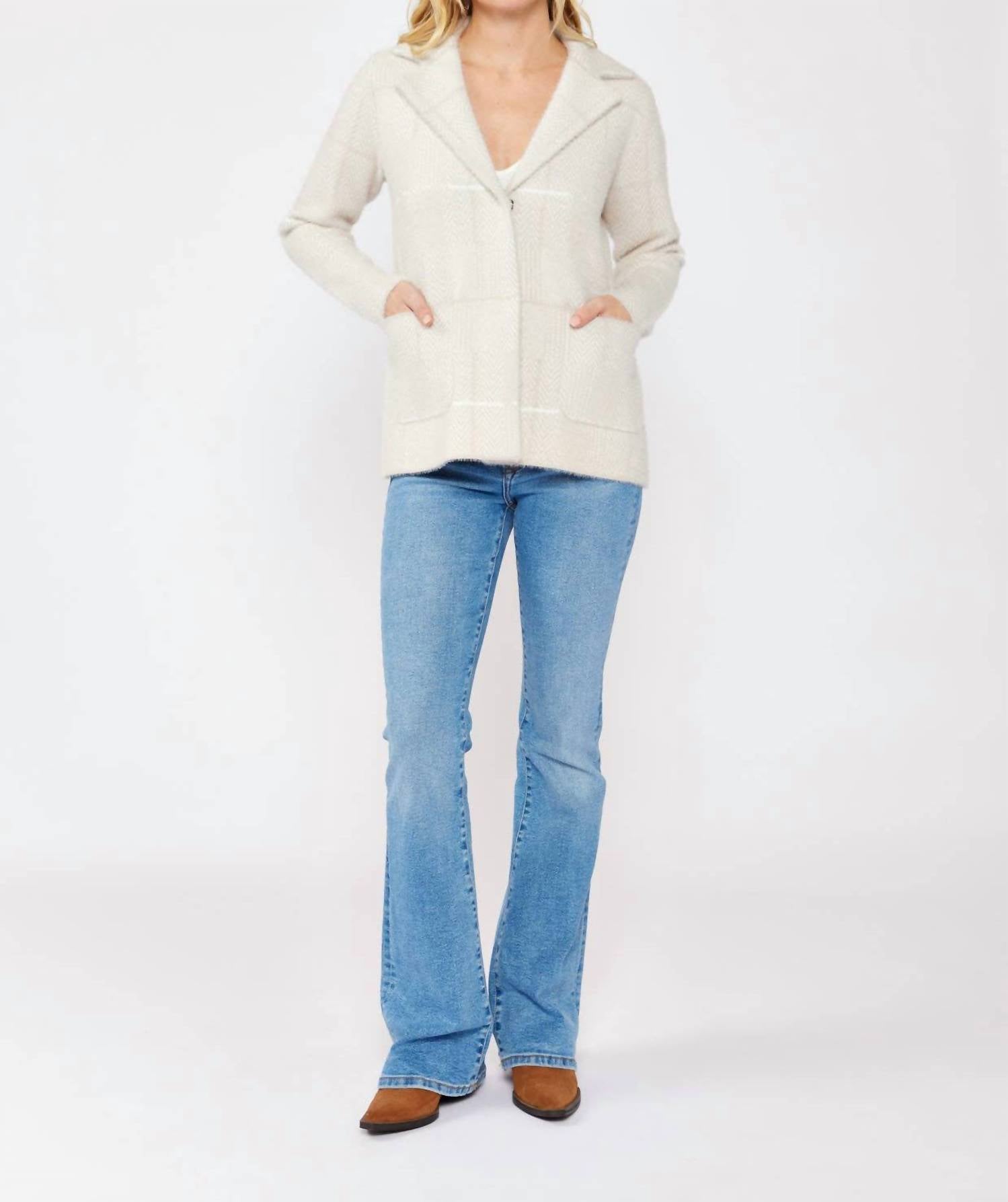 Lovestitch - Plaid Sweater Blazer With Hidden Snaps