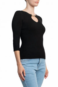 Carmen Marc Valvo - Boat Neck Cutout Front 3/4 Sleeve Ribbed Pullover Knit Top