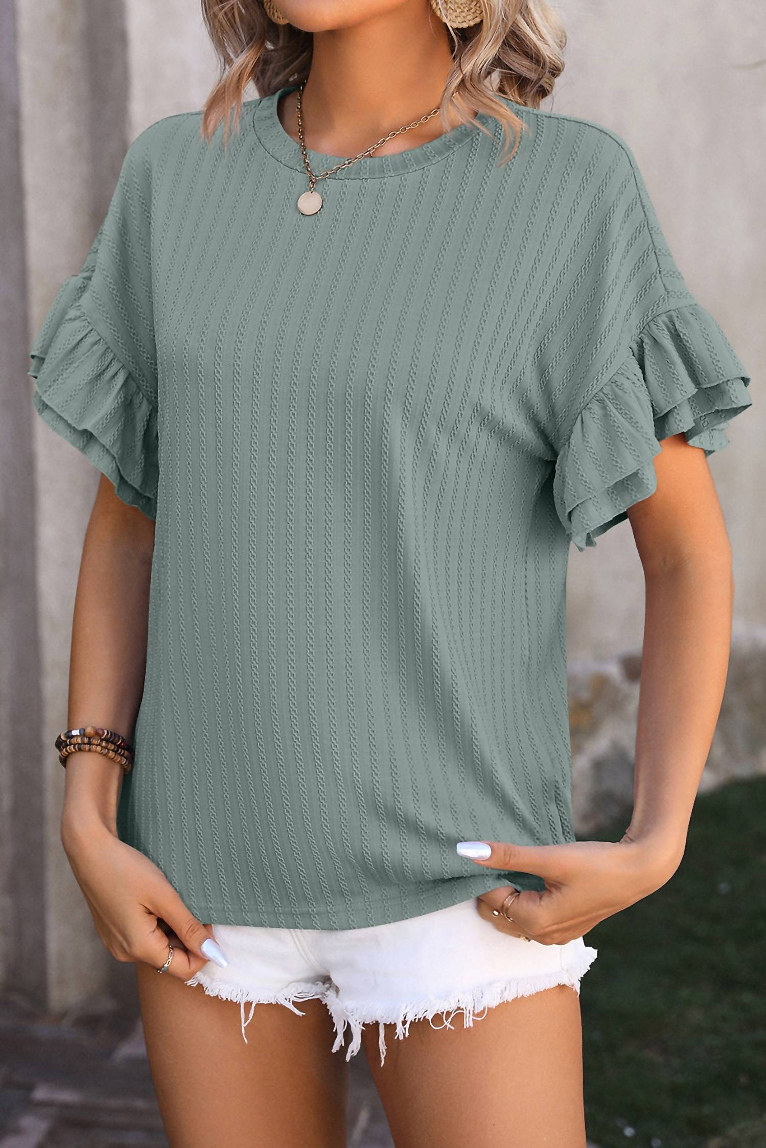 Shewin - Textured Ruffle Sleeve Top