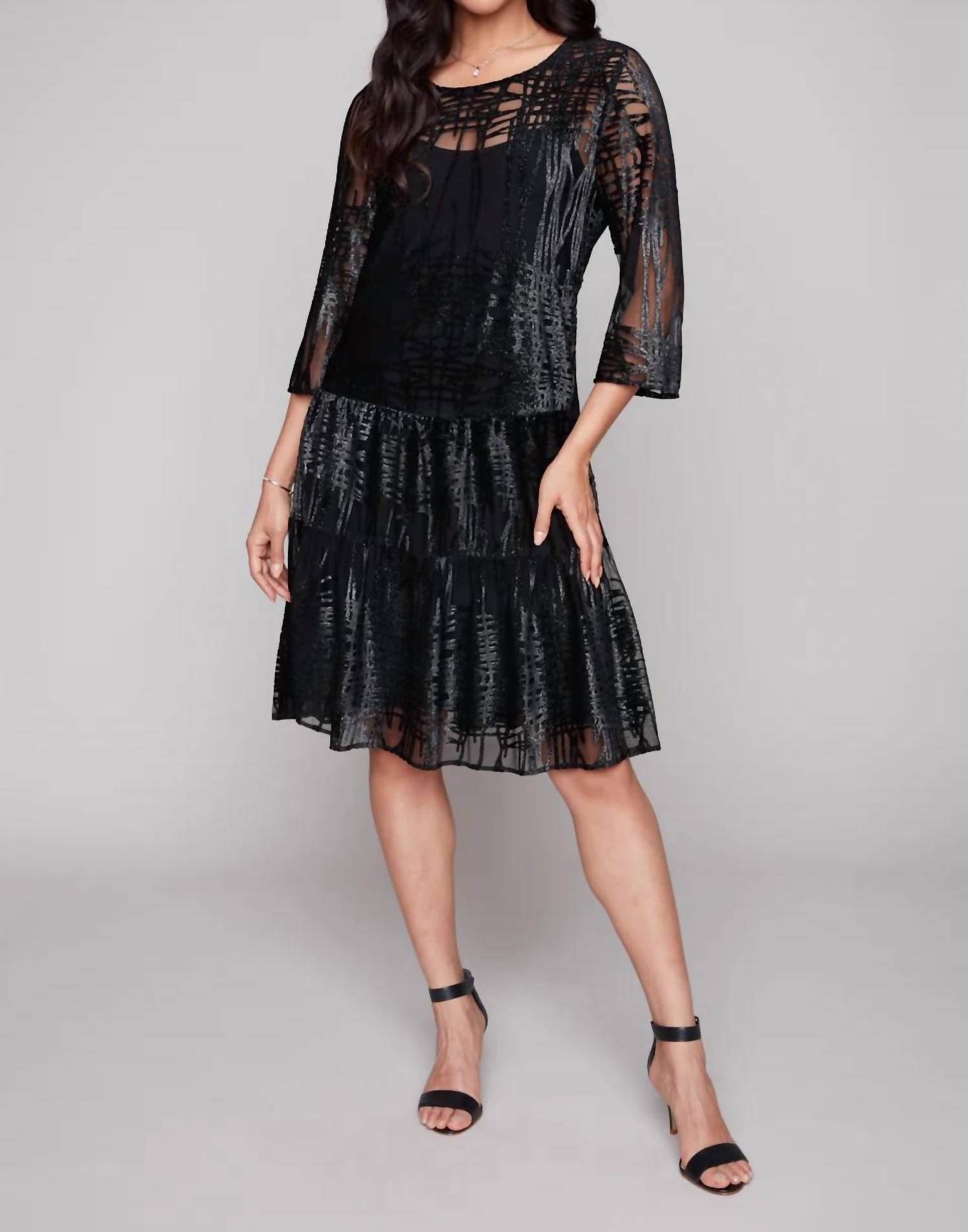 Claire Desjardins - Textured Velveteen Metallic Mesh Cocktail Dress