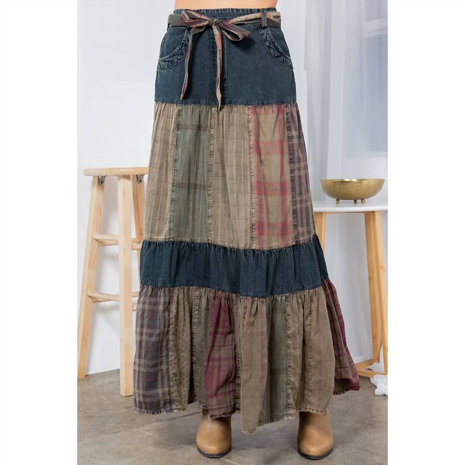Young Threads - Long Denim Patchwork Skirt