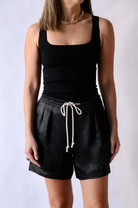 Maria McManus Drawstring Pleat Front Shorts in glossy black - women's shorts - alternate view