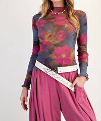 Easel Floral Mesh Fitted Top in indigo magenta - women's long sleeve top - view 5