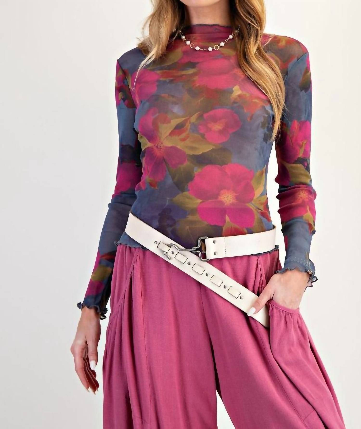 Easel Floral Mesh Fitted Top in indigo magenta - women's long sleeve top - view 5