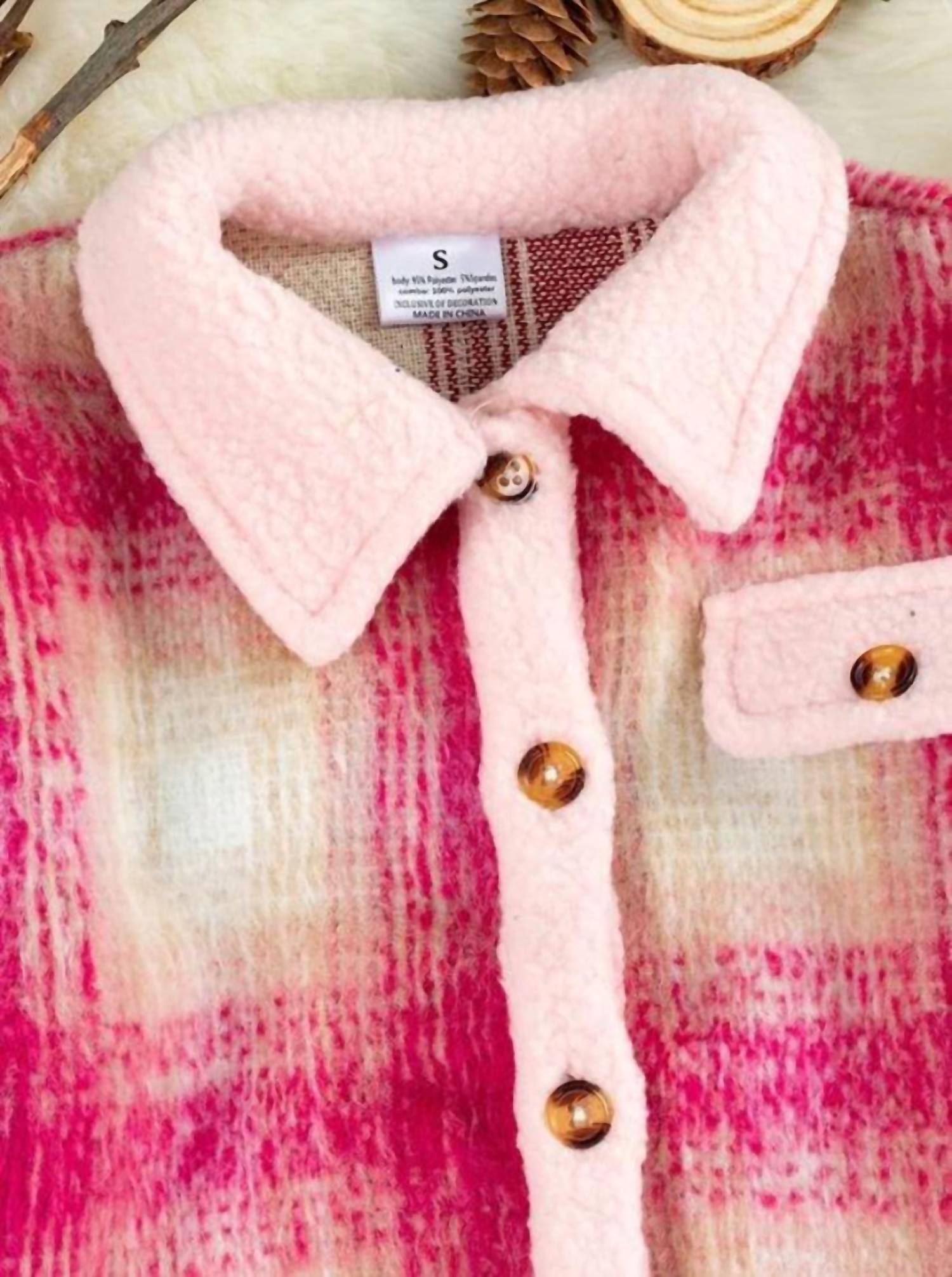 Kids Charm - Girl's Plaid Shacket With Pink Trim "7-10y"