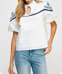 Strut & Bolt - Embroidered Puff Sleeve Top