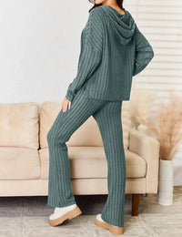 Basic Bae - Full Size Ribbed Drawstring Hooded Top And Straight Pants Set