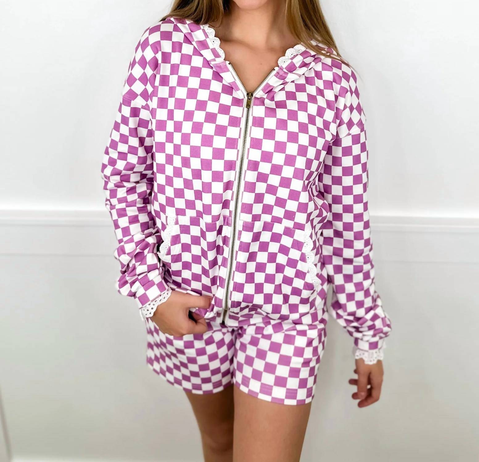 Ampersand Ave - Checkered High-rise Cotton Blend Shorts