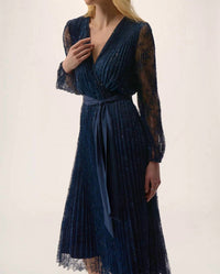 Joseph Ribkoff - Sequined Belted Long Lace Sleeve Fit & Flare Dress