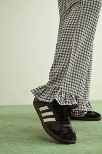 MIOU MUSE Crinkled Gingham Printed Pants With Ruffle Hem in black - women's pants - view 5
