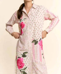 Davi & Dani - Women's Printed Flower Patched Maxi Duster Shirt Top