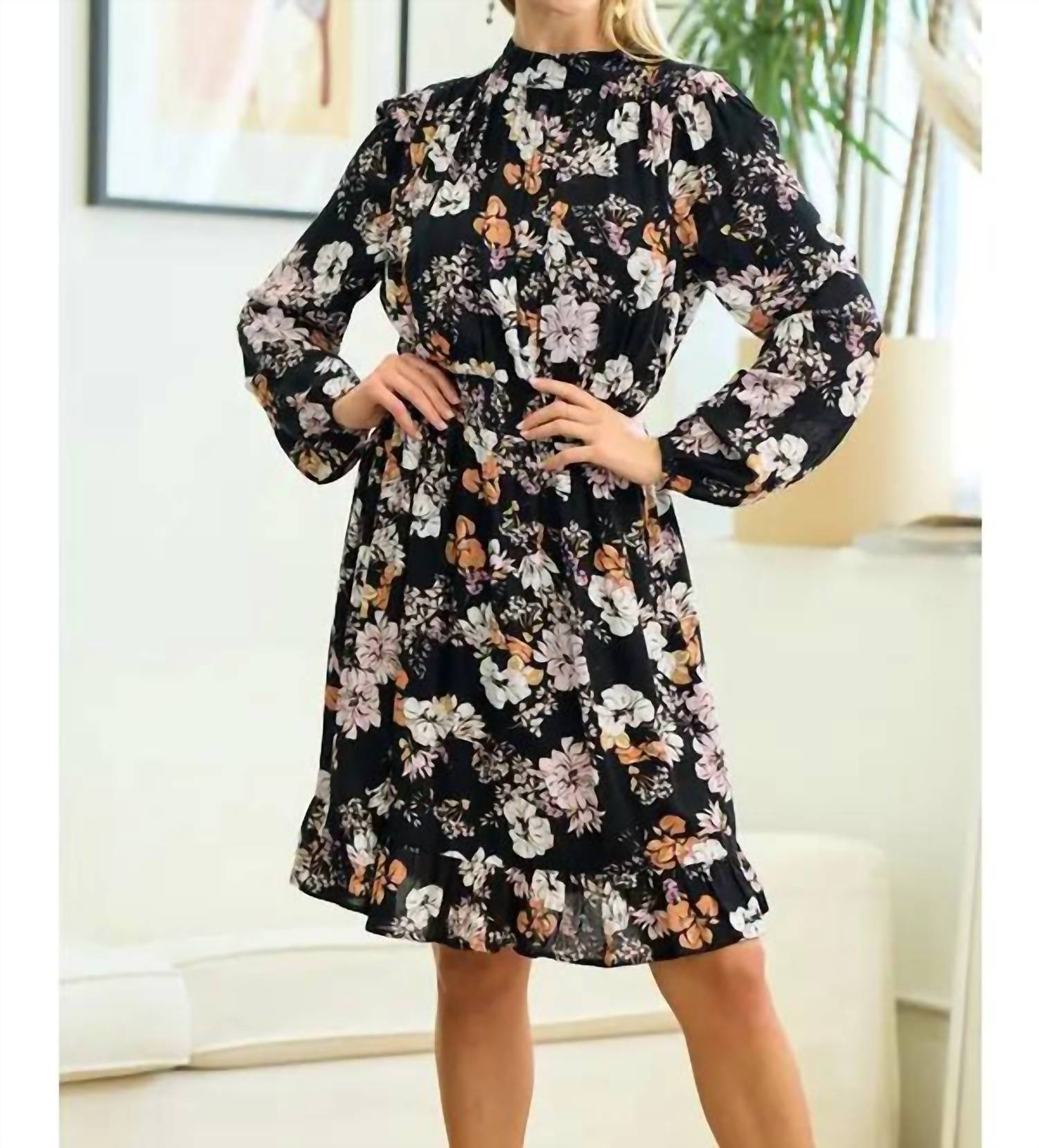 Doe and Rae Shirred Floral Dress in black - women's dress