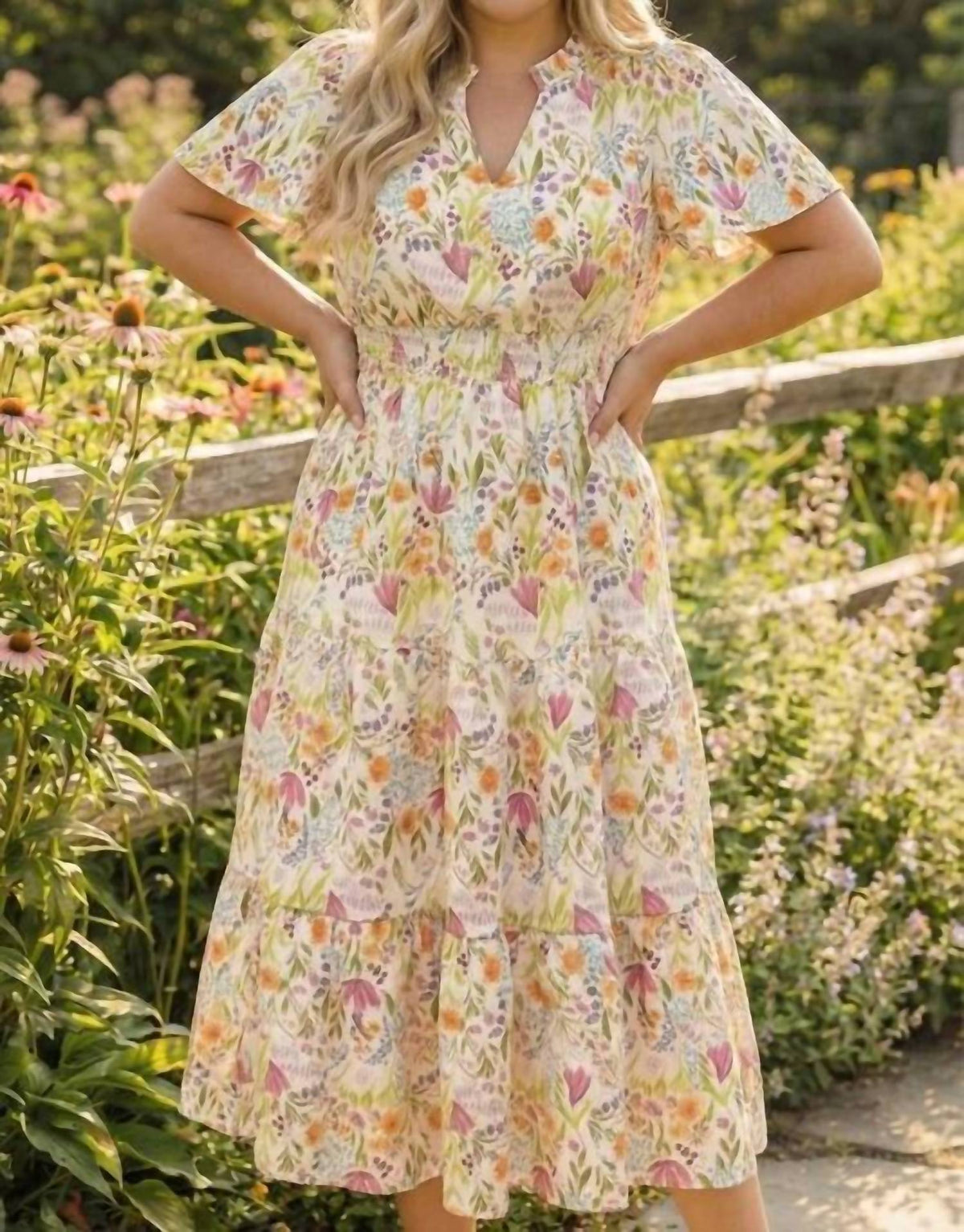 Haptics - Smocked Waist Tiered Floral Dress - Plus