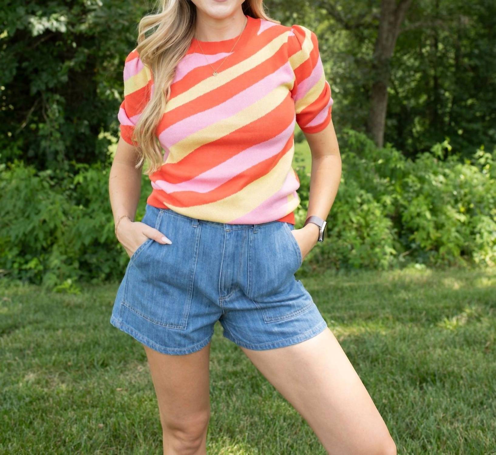 Fate Citrus Stripe Short Sleeve Sweater in multicolor - women's sweater - detail view