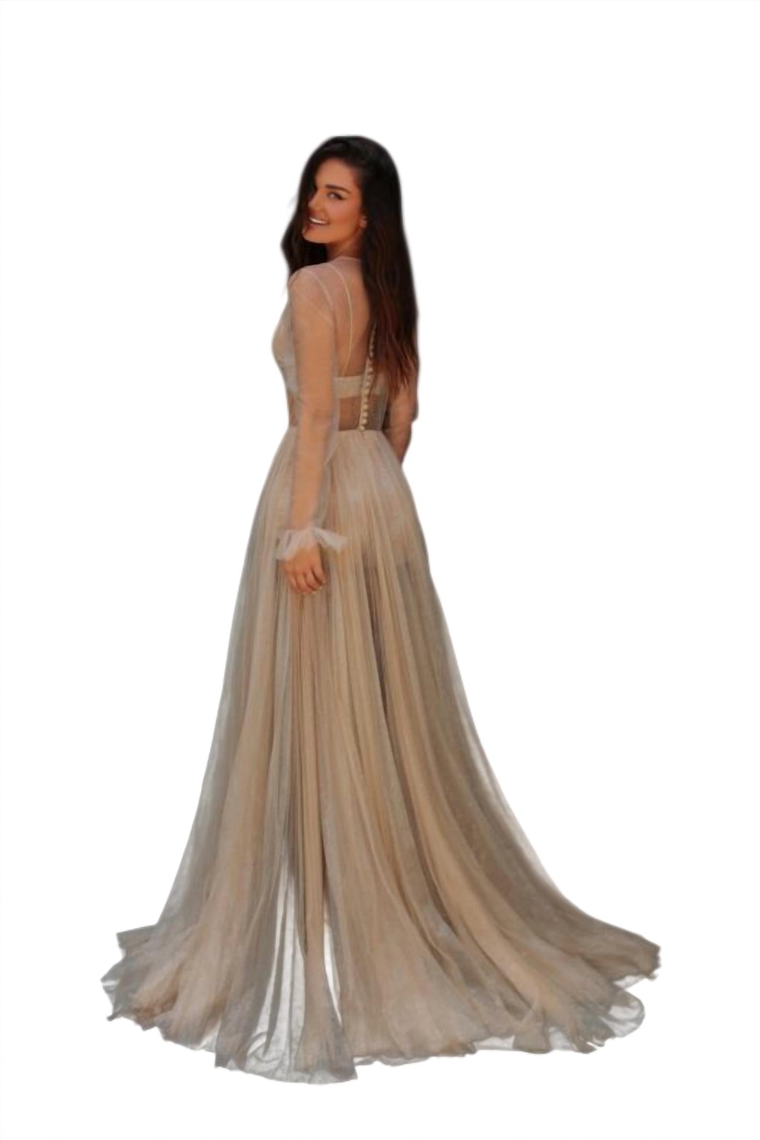 Tarik Ediz - Macerta Sheer Bodice High Slit Dress