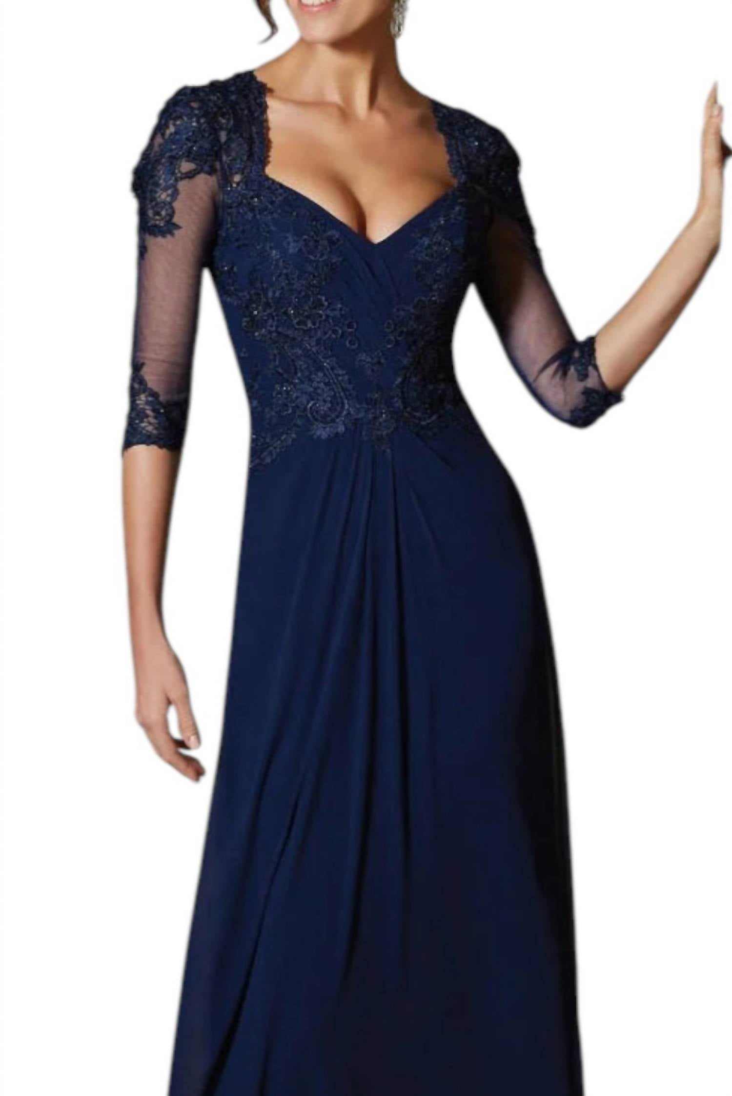 MGNY Beaded Lace Appliques Dress in navy - women's dress - alternate view