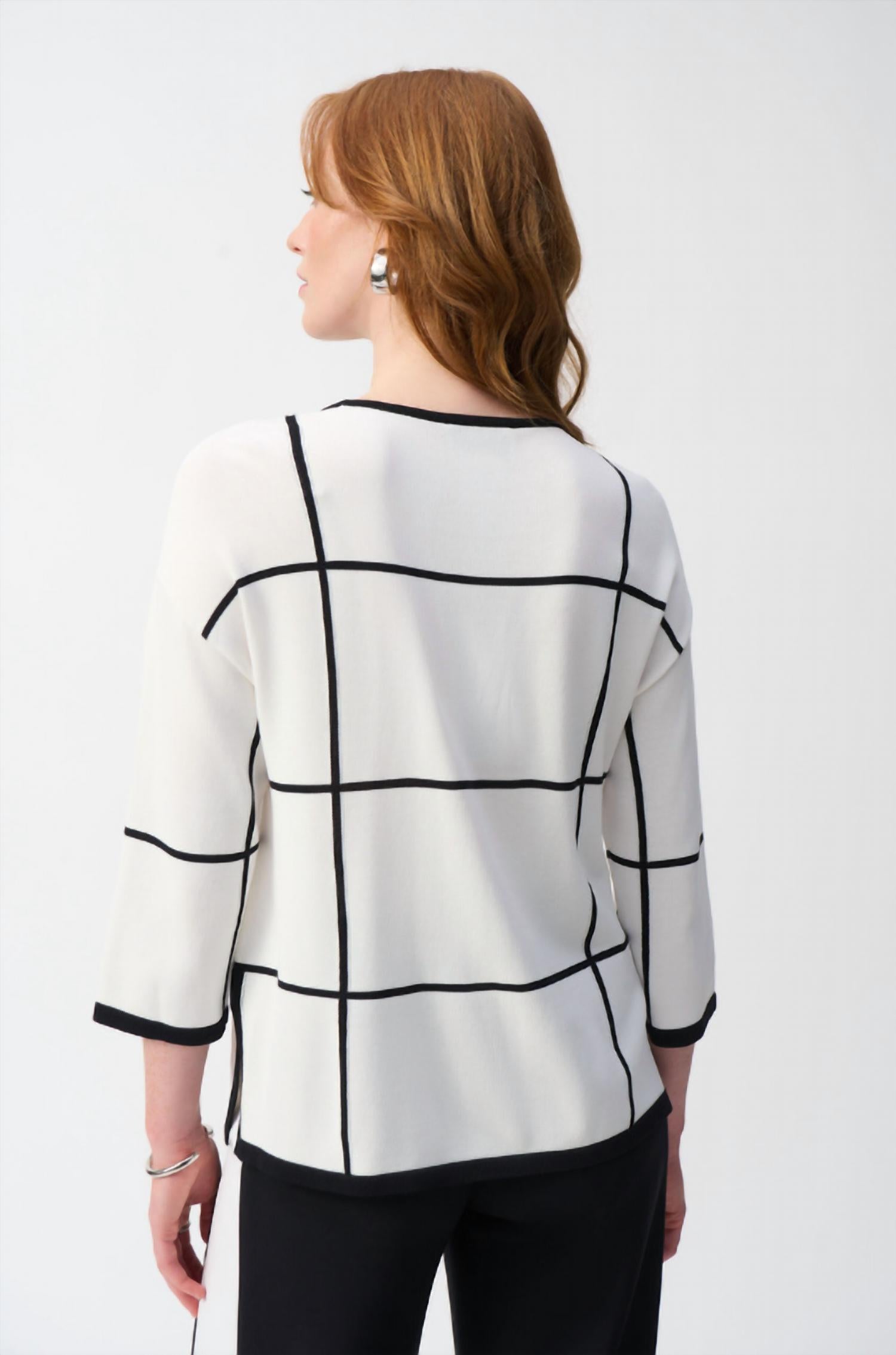Joseph Ribkoff Geometric Hip-length Scoop Neck Top in vanilla black - women's blouse - detail view