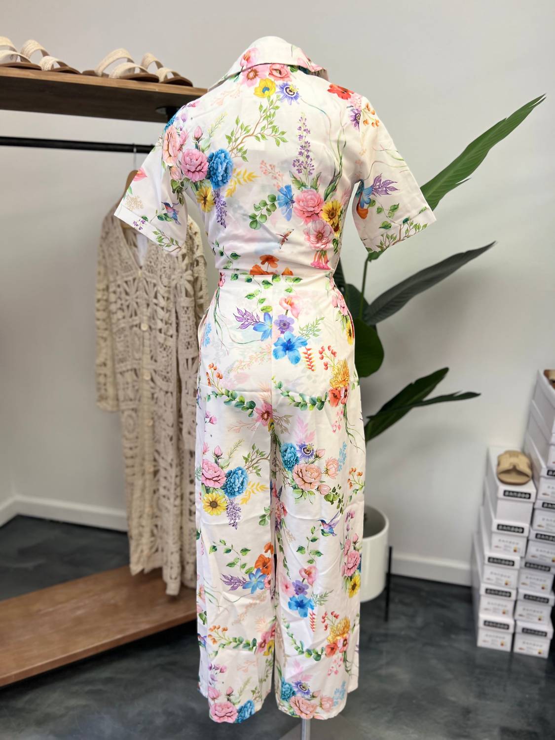 TFY Collection She Blossoms Jumpsuit in white multi - women's pants - detail view