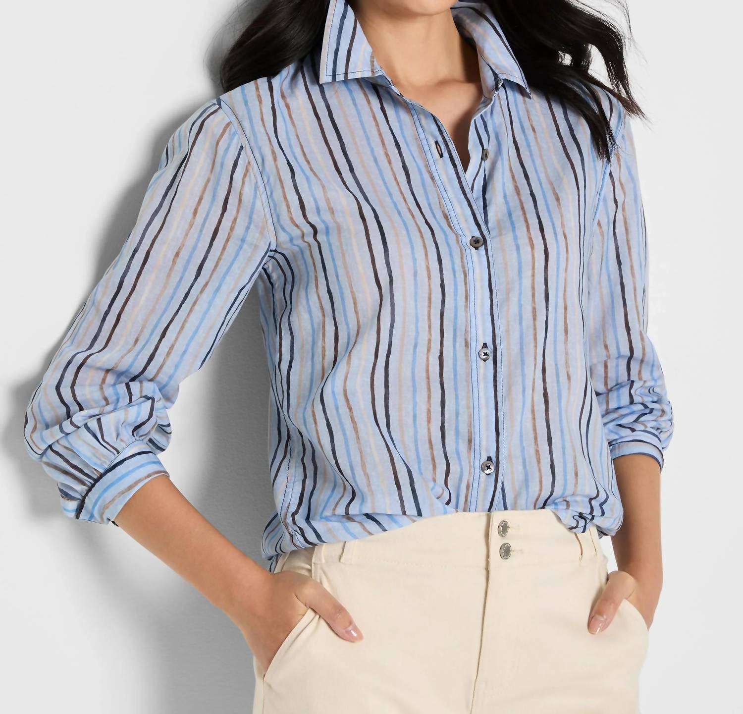 Nic + Zoe Drifty Painted Stripe Cotton Shirt in blue multi - women's blouse